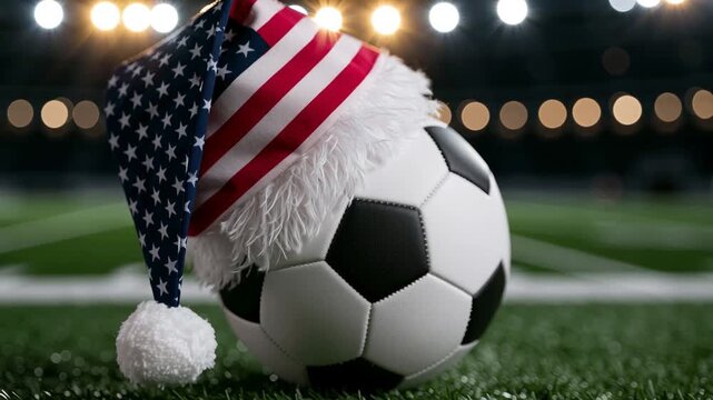 Soccer ball wearing an American flag Santa hat on a green field. Holiday sports concept celebrating Christmas in the United States