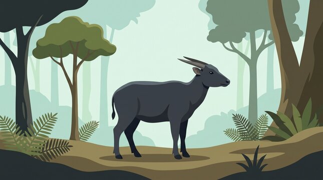 Anoa standing in Sulawesi rainforest. Wild animal in natural habitat, lush greenery, peaceful scene, tropical environment, wildlife photography, ex...