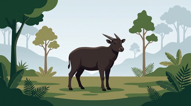 Wild Anoa standing in lush Sulawesi jungle. Endangered animal in natural habitat, wildlife conservation concept.