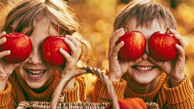 Two funny kids, a boy and a girl, are having fun and laughing while covering their eyes with fresh red apples during a picnic