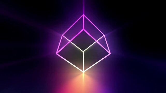 Glowing neon wireframe cube rotates in dark space with colorful light rays and lens flare, creating an abstract futuristic geometric background in seamless 3D animation