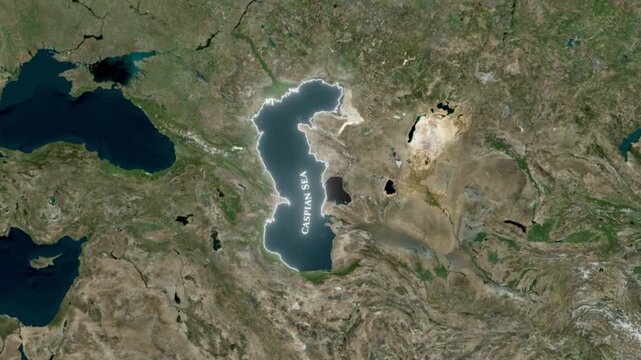 Satellite View Flyover of Caspian Sea Coastline and Terrain