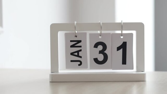 Hand flipping wooden desktop calendar from January 31 to February 1, concept of new month, time change, schedule planning, and start of february.