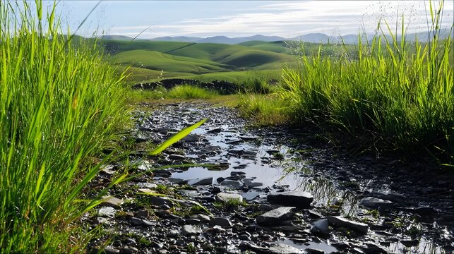 Summer Rain Washed Hills at Midday landscape with copy space