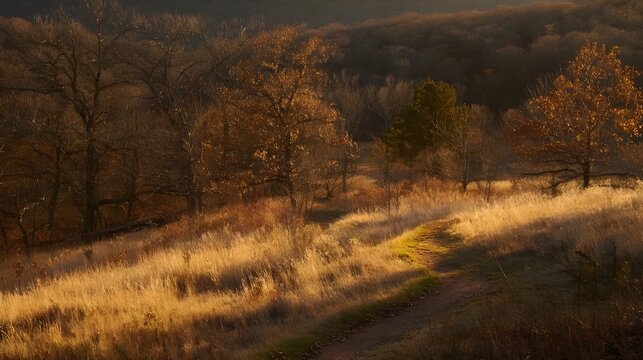 Minimal Monochrome Autumn Valley at Golden Hour with copy space