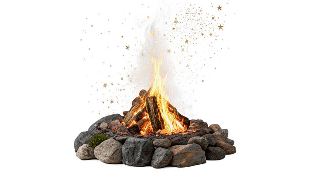 Burning wood log campfire with sparks flying isolated on transparent background