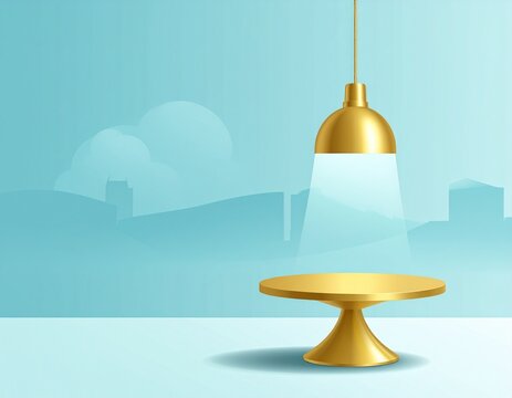 3D Realistic Product Display Podium with Golden Table and Hanging Light Lamp on Soft Blue Background with Copy Space