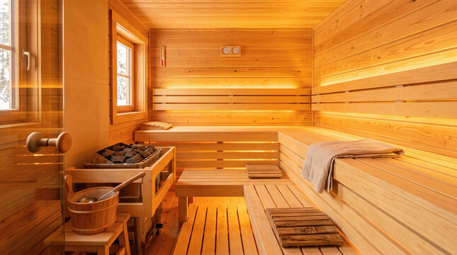 Traditional pine finnish sauna interior empty spa room hot stones heater relaxing wellness retreat wooden benches healthy therapy lifestyle recreation facility indoors