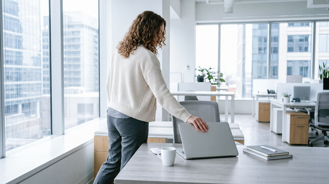 Businesswoman closing silver laptop computer ending daily workday inside modern corporate office leaving professional workspace employee completing current administrative tasks