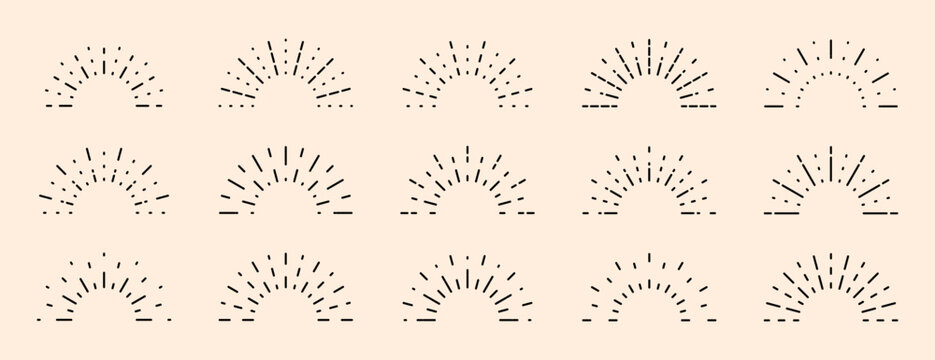 Set of boho half sunrise line icons with various retro, geometric, and radiating line designs