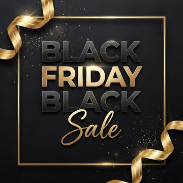 Elegant black friday sale banner with golden ribbons and luxury dark background for retail promotion