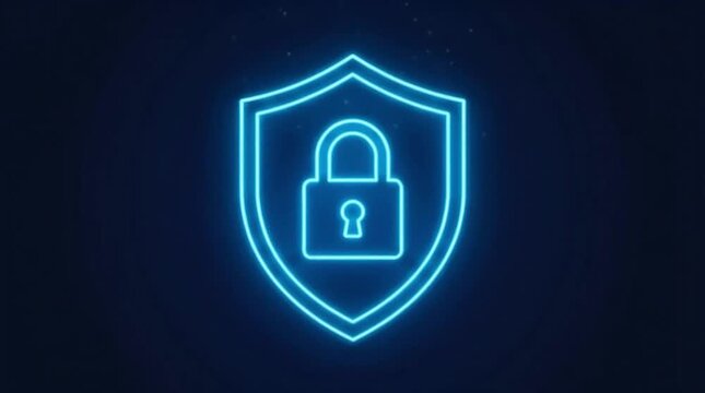 Glowing neon blue security shield icon with padlock on dark background for cyber safety concept