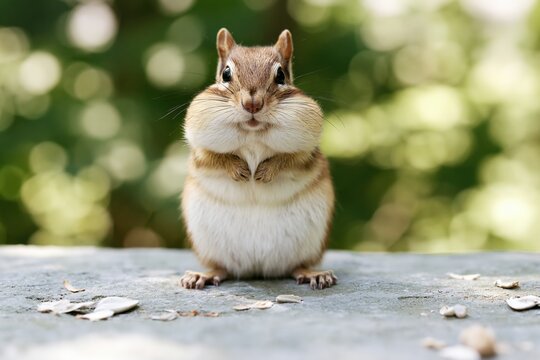 The chipmunk on a stone surface in warm sunlight with green blurred background