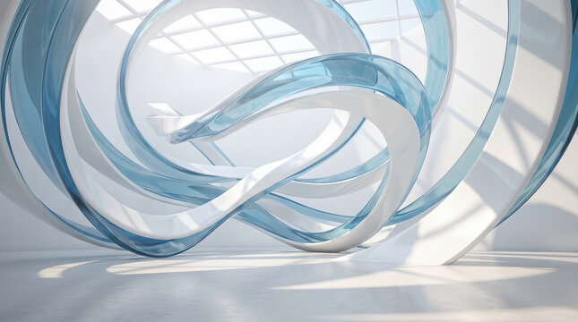 Abstract swirling blue glass structural ribbons inside modern bright white interior room space showcasing futuristic contemporary architectural interior design layout presentation