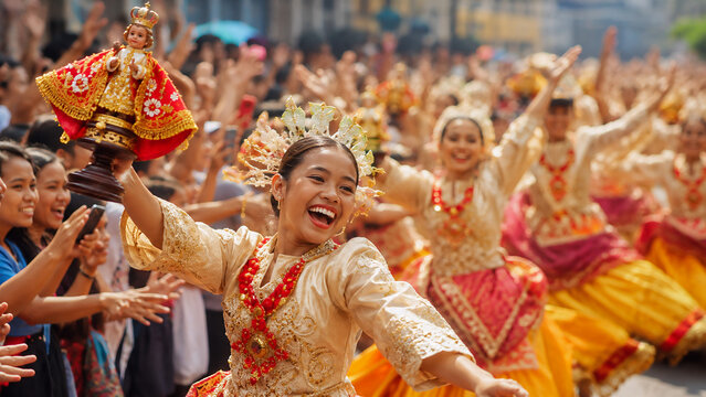 Joyful Filipino Dancer Celebrating Colorful Sinulog Festival in the Philippines
