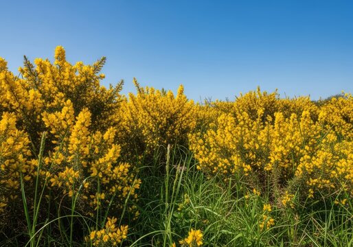 Vibrant Yellow Gorse Bushes Under a Clear Blue Sky.
