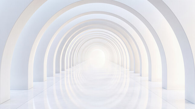Endless empty white architectural archway corridor leading toward bright glowing light inside modern futuristic interior building structure perspective layout presentation