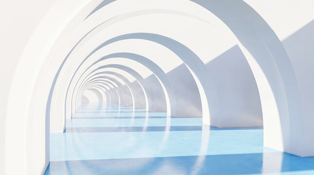 Long endless white structural archway passage featuring smooth reflective blue floor leading toward distant bright opening highlighting modern architectural interior walkway