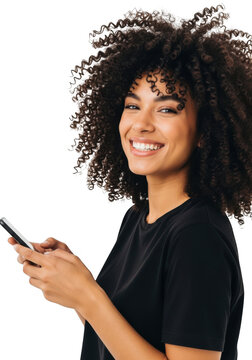 Smiling woman using smartphone happily