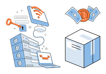 Server rack with computer and key icon vector illustration. Cloud computing, cybersecurity, financial transaction, data storage, network infrastructure, digital asset management. Information © Dmytro