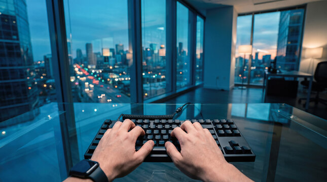 First person view male hands typing on black mechanical keyboard working late night over glass desk inside modern corporate office