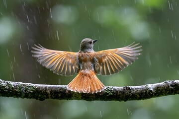Fototapeta premium The Hummingbird Spreading Wings in Rain on a Mossy Branch