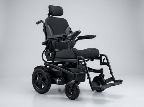 Modern black electric wheelchair with comfortable padded seat and joystick controller for disabled people or senior mobility