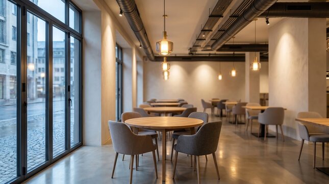 Modern restaurant interior featuring empty wooden tables and comfortable upholstered chairs arranged in a spacious contemporary dining room setting today