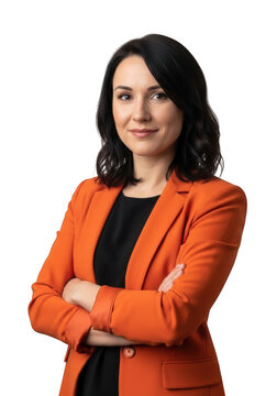 Confident businesswoman with crossed arms in orange blazer
