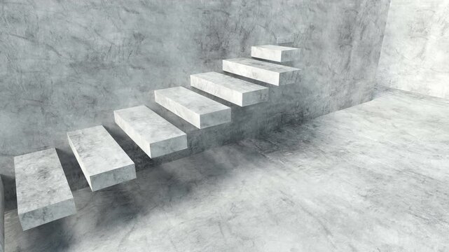 Floating concrete steps extend outward from a rough gray wall inside a minimalist interior, forming a modern cantilever staircase in a stark industrial space, 3D render