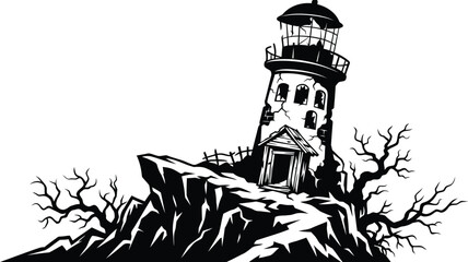Obraz premium Black and white illustration of a spooky abandoned lighthouse standing on a rocky cliff with bare trees