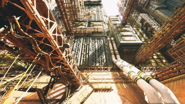 Vertical industrial skyline dominated by cranes and pipework, dense layering of girders and platforms, dramatic perspective looking upward, reflective surfaces