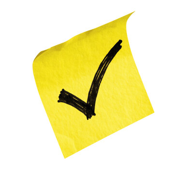 A yellow sticky note with a handwritten checkmark, transparent background