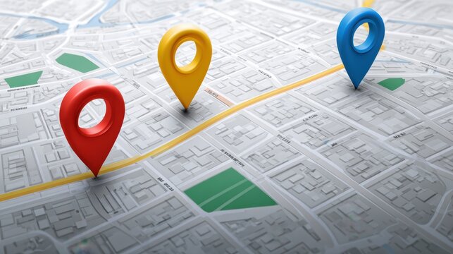 Map Navigation with Location Pins: Vibrant red, yellow, and blue location pins mark points on a detailed map, indicating a route or points of interest on a journey.