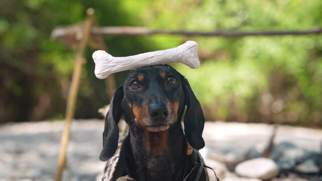 A black and tan dachshund dog balances a bone on its head and licks its lips outdoors near a wooden stick frame, a concept of obedience training and domestication.
