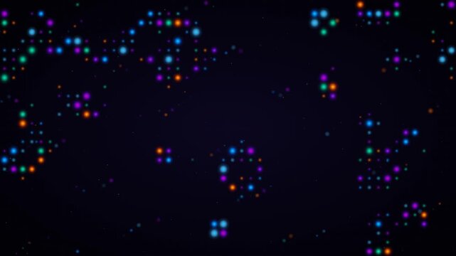 Dynamic Digital Animation Of Randomly Swirling And Blinking Colorful Dots On A Dark Blue Grid Background