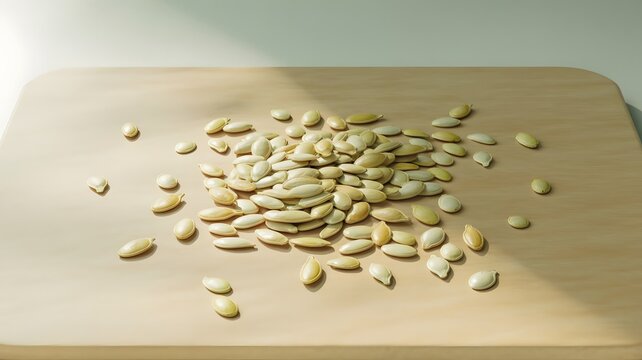 A pile of raw green pumpkin seeds on a flat surface