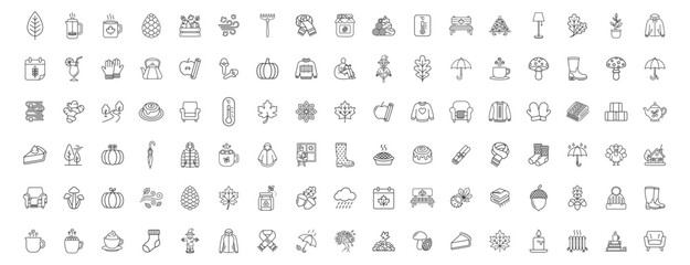 Fototapeta premium set of autumn and fall season line icons including leaves, pumpkins, sweaters, rain gear, drinks, food, and outdoor elements on transparent background