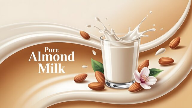 Glass of fresh almond milk with splashing liquid and nuts on a brown background