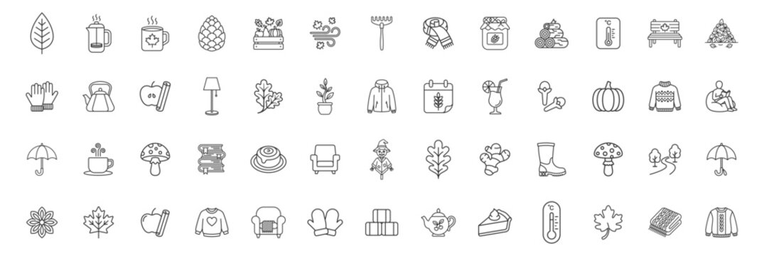 autumn season icons set, line art collection of fall symbols and objects for seasonal design on transparent background