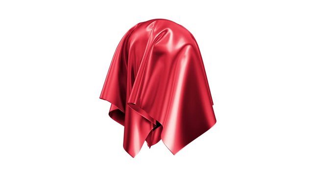 Glossy red silk cloth drapes and shifts over a hidden object, creating a product reveal style motion on plain white, black, and green screen backgrounds, 3D animation