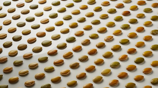 Many roasted coffee beans arranged in a neat grid pattern