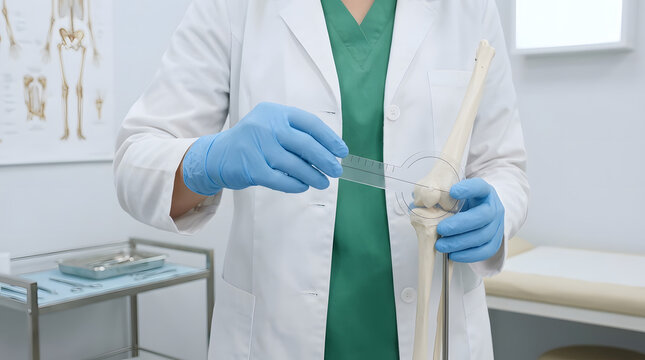 Doctor Measuring Knee Joint Angle with Goniometer on Anatomical Model