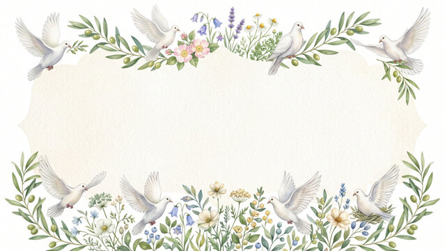 Watercolor dove wedding frame. Floral border with birds for invitation card design.