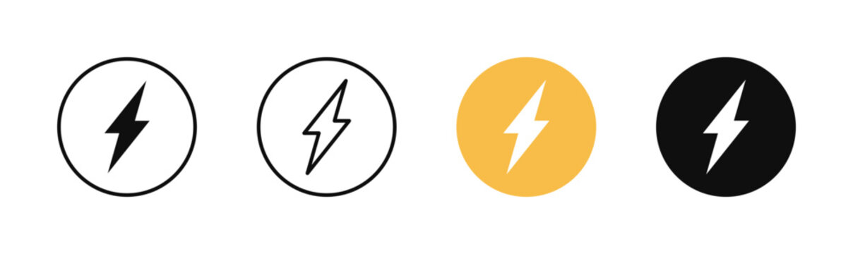 Lightning bolt icon set in outline, filled and circle styles. Electric flash symbols for energy, power, charging, electricity, web interface and mobile app. Editable stroke vector illustration