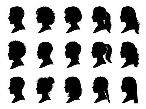 Diverse silhouette portraits collection women and men profile views