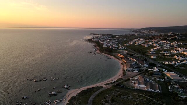 Sunrise drone view over St Helena Bay coastline on Cape West Coast, South Africa