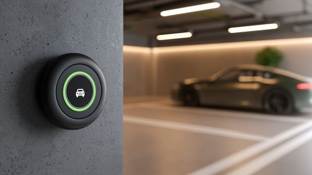 Smart car key fob mounted on wall with blurred car in modern indoor parking garage background.
