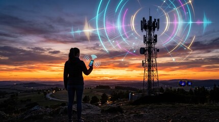Fototapeta premium 5G network tower communication, mobile phone signal transmission, wireless technology connection, telecommunication antenna broadcasting waves to smartphone user in sunset