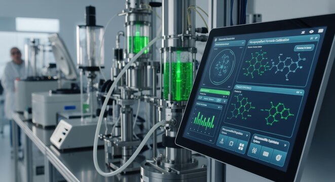 Hightech blending equipment with graphical user interface calibrating green monopropellant formulas for efficient microsatellite propulsion systems.